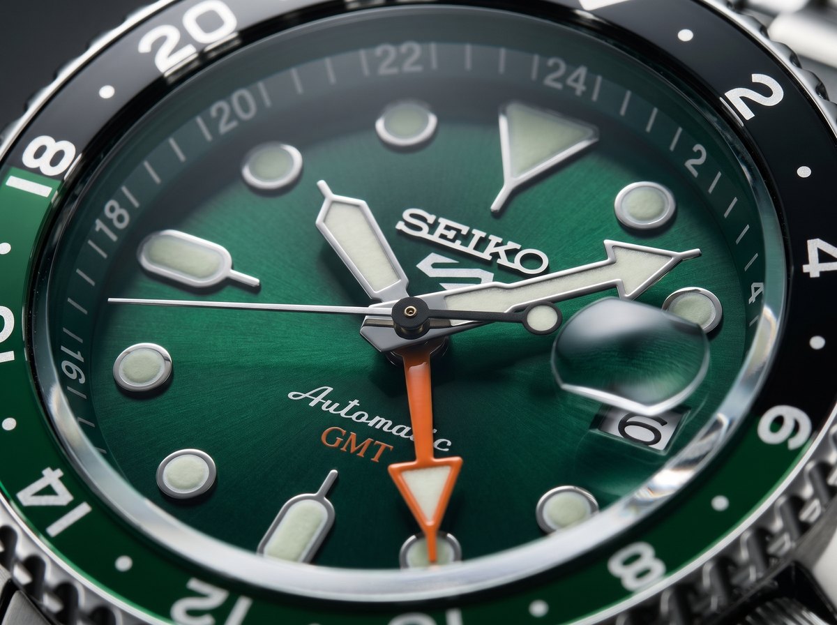 Seiko 5 Sports зелен циферблат — детайл