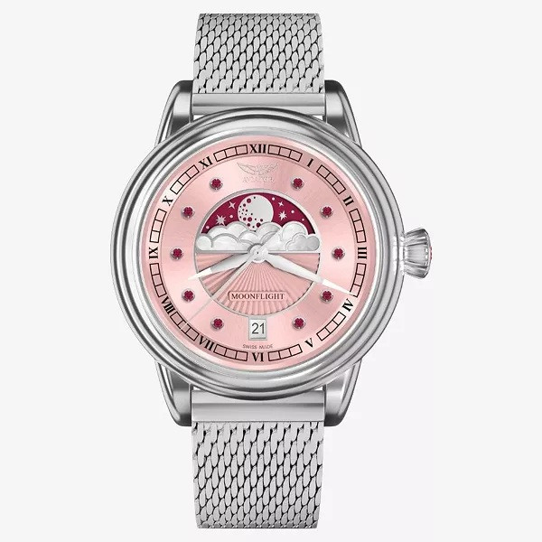 дамски часовник aviator moonflight с естествени рубини и стоманена миланска верижка classicwatches.bg