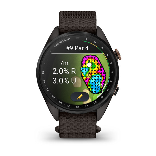 Garmin Approach S72 Carbon Gray/Heritage Bronze DLC Titanium Bezel с Pebble Grey ComfortFit Fabric каишка 010-04147-02