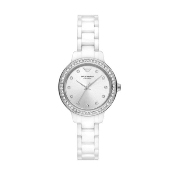 дамски часовник emporio armani ar70013 с бяла керамична верижка и сребрист циферблат – изглед отпред – ClassicWatches.bg