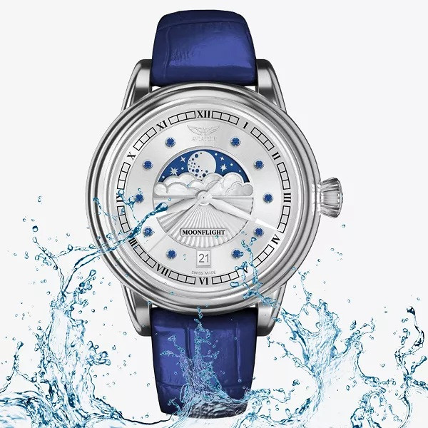 дамски часовник aviator moonflight със синя кожена каишка и естествени сапфири classicwatches.bg