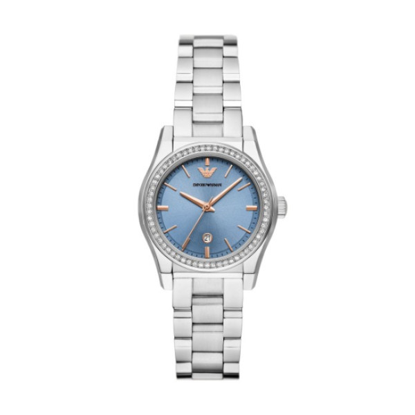 дамски часовник emporio armani ar11593 с блестящ син циферблат и стоманена верижка – изглед отпред – ClassicWatches.bg