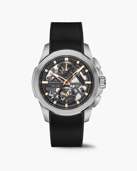 Часовник NORQAIN Independence Skeleton Chrono 42mm N3200.40S01.B01 – скелетонизиран черен циферблат със златни индекси – classicwatches.bg