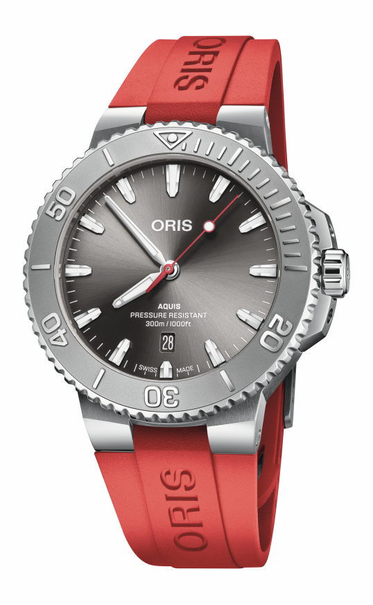 Oris Aquis Date Relief с червена силиконова каишка и сив циферблат