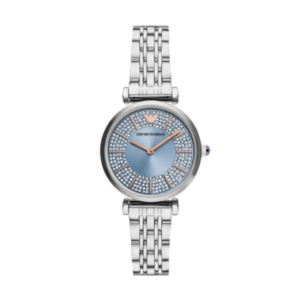 дамски часовник emporio armani ar11594 с блестящ син циферблат и сребриста верижка – изглед отпред – ClassicWatches.bg