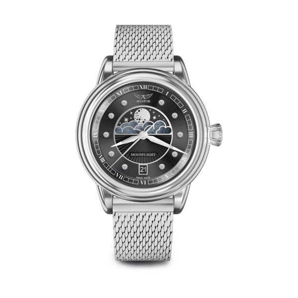 дамски часовник кварцов aviator-moonflight-black-front-view-classicwatches