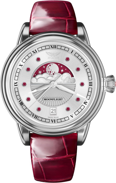 дамски часовник aviator moonflight с естествени рубини и бордо кожена каишка classicwatches.bg