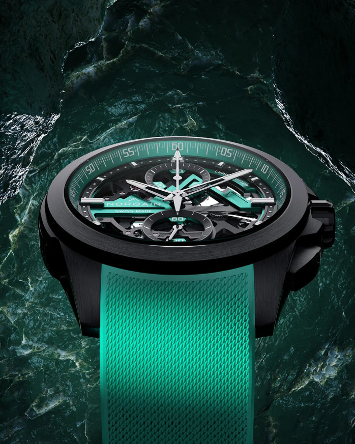 Часовник NORQAIN Independence Skeleton Chrono 42mm N3200.40T02.J01 – зелена гумена каишка с миланезе структура – classicwatches.bg