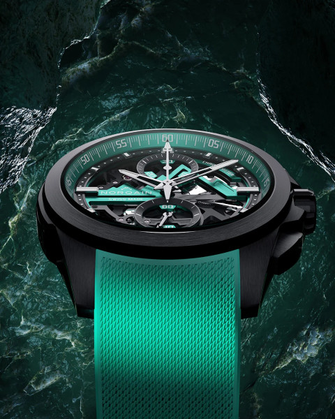 Часовник NORQAIN Independence Skeleton Chrono 42mm N3200.40T02.J01 – зелена гумена каишка с миланезе структура – classicwatches.bg