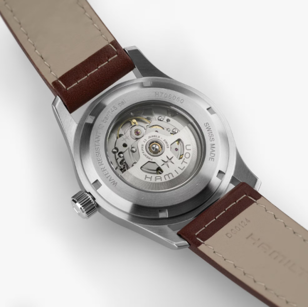 Военен стил часовник Hamilton с прозрачен гръб