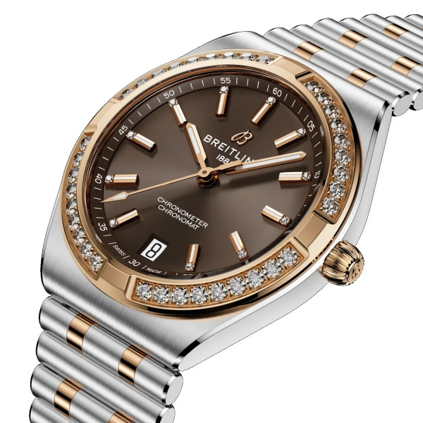 часовник breitling chronomat 36 диаманти кафяв циферблат classicwatches.bg