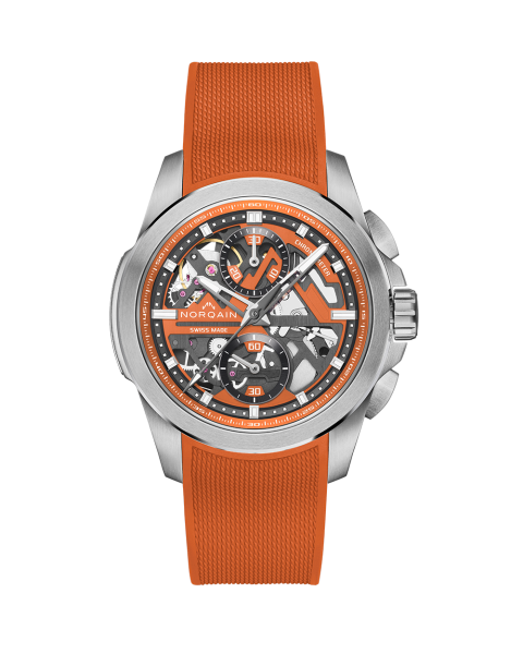 Часовник NORQAIN Independence Skeleton Chrono 42mm N3200.40S01.O01 – скелетонизиран оранжев циферблат и черни подциферблати – classicwatches.bg