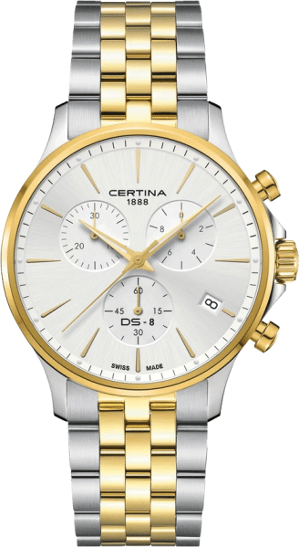 Certina DS-8 Chrono C045.417.22.031.00 бял циферблат, стоманена биколор верижка – classicwatches.bg