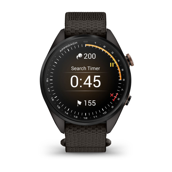 Garmin Approach S72 Carbon Gray/Heritage Bronze DLC Titanium Bezel с Pebble Grey ComfortFit Fabric каишка 010-04147-02