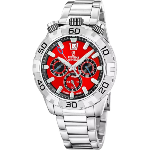часовник festina f20743/5 мъжки червен циферблат стоманена верижка classicwatches.bg