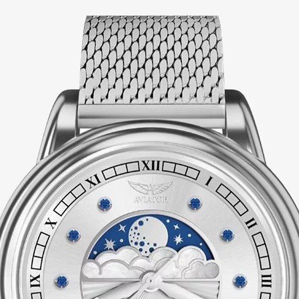 часовник aviator moonphase с естествени сапфири върху циферблата и сапфир в коронката classicwatches.bg