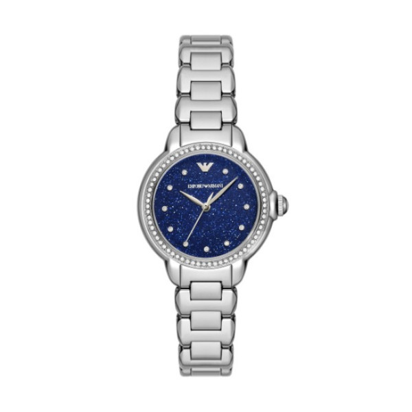 дамски часовник emporio armani ar11630 с блестящ син циферблат и стоманена верижка – изглед отпред – ClassicWatches.bg