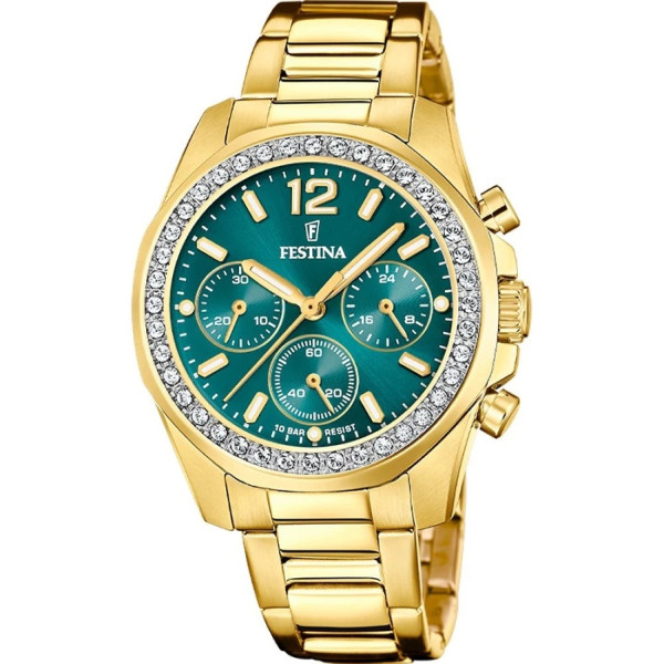 дамски часовник festina f20609 6 зелен циферблат златна верижка classicwatches.bg
