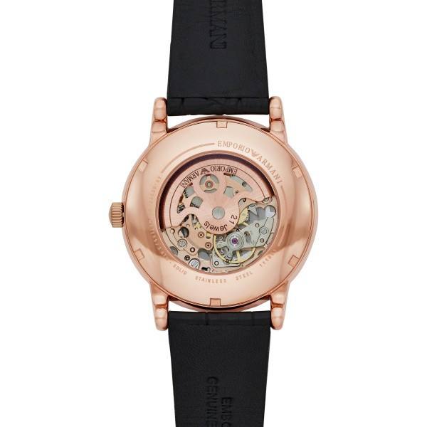 мъжки часовник emporio armani ar60007 – корпус от розово злато и черна кожена каишка, изглед отзад – оригинален от ClassicWatches.bg