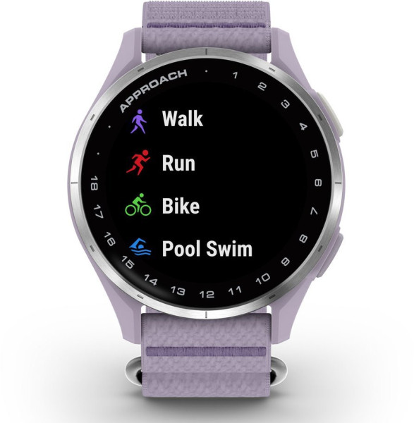 Garmin Approach® J1 GPS смарт часовник с Silver алуминиев безел и Lilac Comfortfit каишка 010-03898-10
