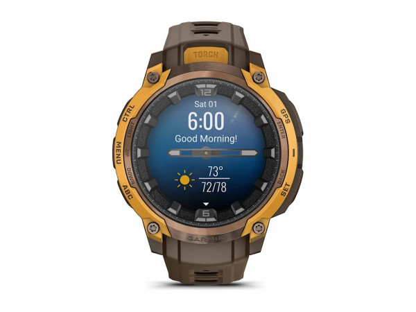 Garmin Instinct Crossover AMOLED Bronze/Sunburst – LED фенер, multi-band GPS SatIQ™ и спортни профили – ClassicWatches.bg