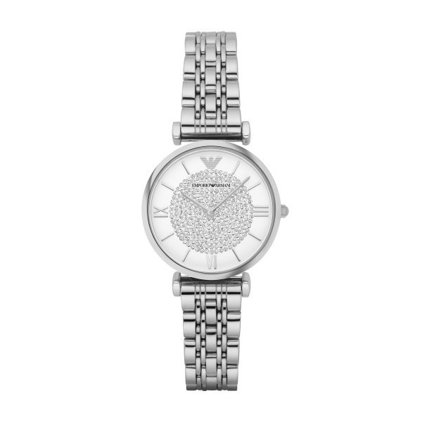 дамски часовник emporio armani ar1925 с кристален циферблат и сребриста верижка – изглед отпред – ClassicWatches.bg