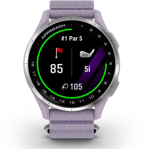 Garmin Approach® J1 GPS смарт часовник с Silver алуминиев безел и Lilac Comfortfit каишка 010-03898-10