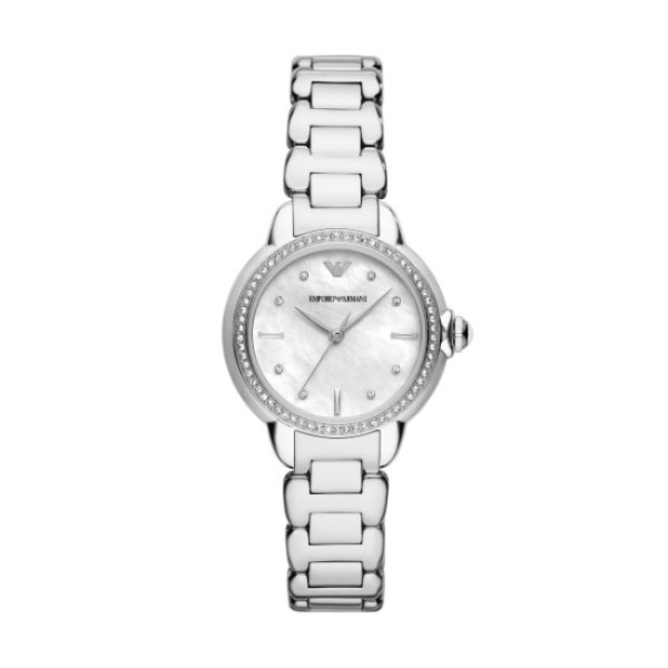 дамски часовник emporio armani ar11596 с перлен циферблат и сребриста верижка – изглед отпред – classicwatches