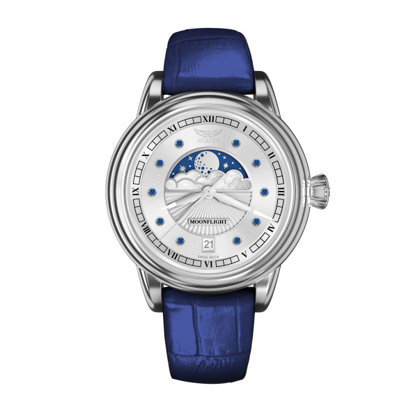 часовник aviator moonphase със сапфири върху циферблата и сапфир в коронката classicwatches.bg