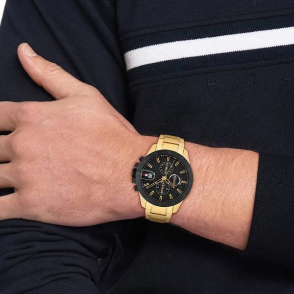 Tommy Hilfiger 1792199, мъжки часовник Tommy Hilfiger, Tommy Hilfiger Jameson, часовник черен циферблат злато, мъжки хронограф златно покритие

