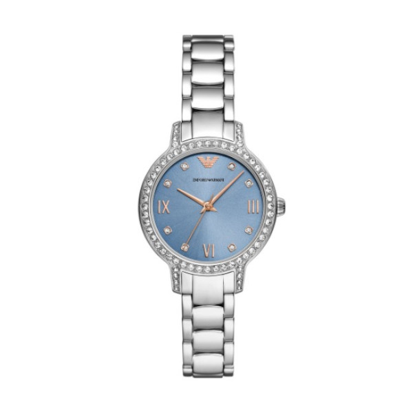дамски часовник emporio armani ar11585 с инкрустация от кристали и син слънчев циферблат – изглед отпред – ClassicWatches.bg