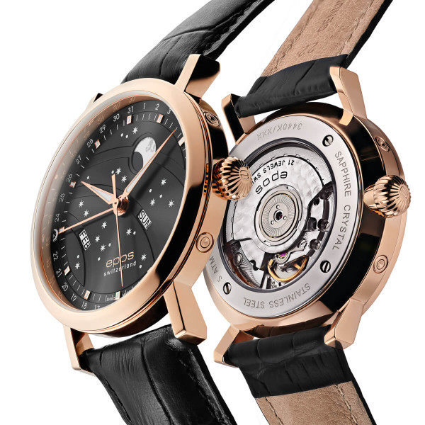 EPOS 3440.322.24.14.25 черна кожена каишка и лунна фаза – classicwatches.bg