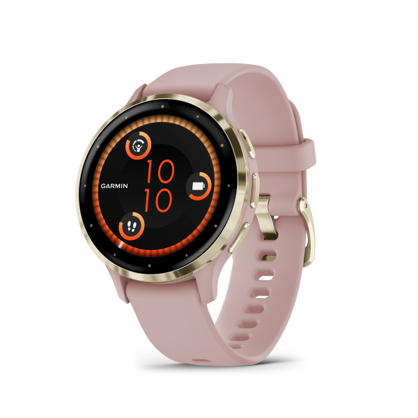 Garmin Venu® 3S – Soft Gold безел с Dust Rose корпус и силиконова каишка, изглед отпред – classicwatches.bg