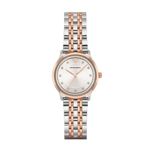 дамски часовник emporio armani ar1962 с двуцветен корпус и сребрист циферблат с кристални индекси – изглед отпред – ClassicWatches.bg
