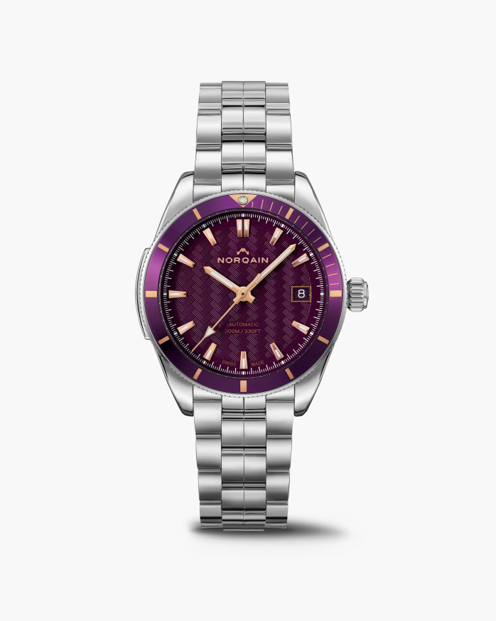 Часовник NORQAIN Adventure Sport 37mm N1800.08S02.P01 с лилав циферблат и стоманена верижка – classicwatches.bg