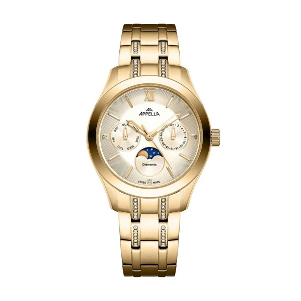 часовник Appella L50021.1161DQF със златист циферблат и три диаманта classicwatches.bg