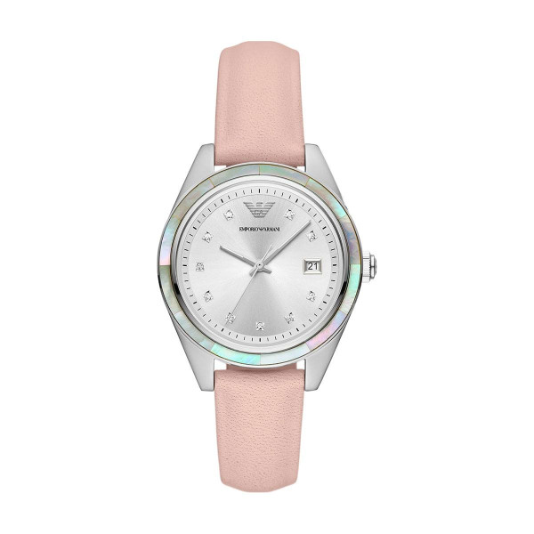 дамски часовник emporio armani ar11547 с розова кожена каишка и сребрист циферблат с кристали – изглед отпред – ClassicWatches.bg