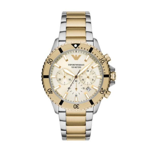 мъжки хронограф emporio armani ar11606 с двуцветен корпус и кремав слънчев циферблат с три подциферблата – изглед отпред – ClassicWatches.bg
