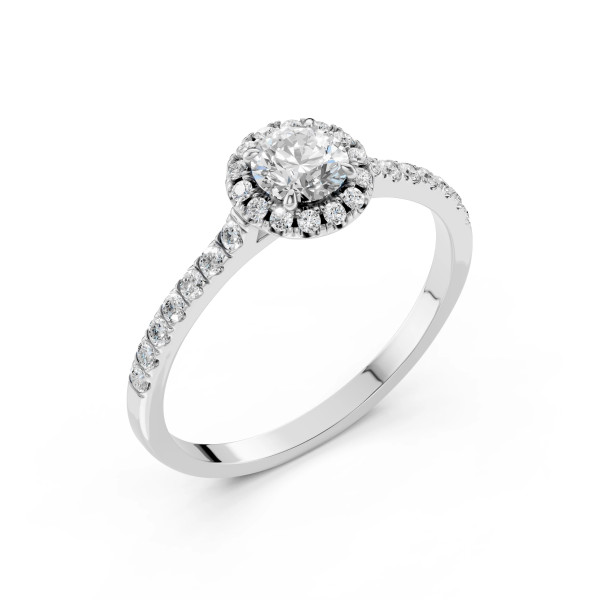 пръстен cara k101-10095w 18к бяло злато с gia диамант кръгъл halo и паве диаманти модел classicwatches.bg
