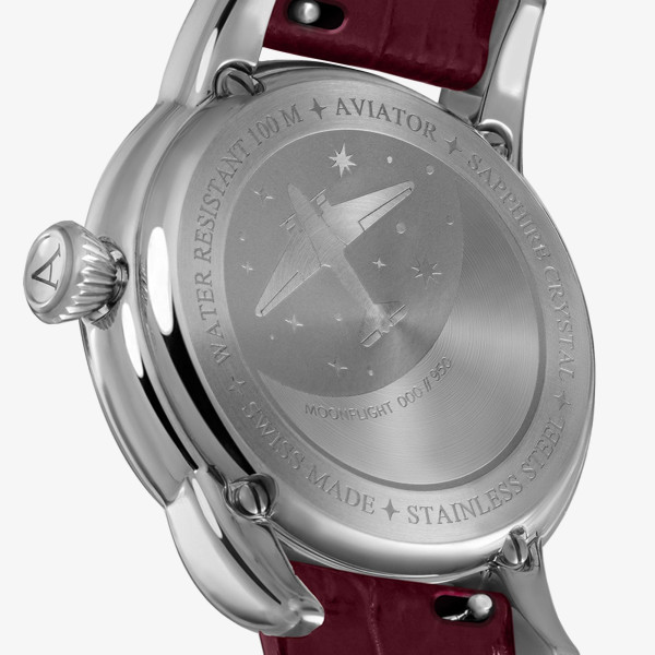 часовник aviator moonphase с естествени рубини върху циферблата и рубин в коронката classicwatches.bg