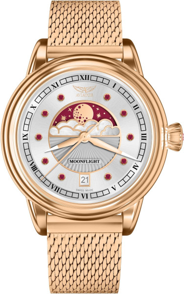 дамски часовник aviator moonflight с лунна фаза и миланска верижка classicwatches.bg