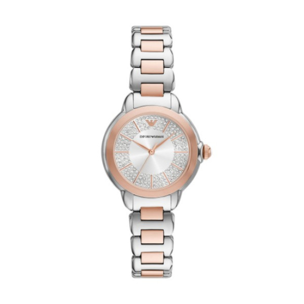 дамски часовник emporio armani ar11643 с кръгъл сребрист циферблат и двуцветна стоманена верижка – изглед отпред – ClassicWatches.bg