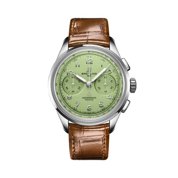 мъжки часовник ръчен хронограф breitling-ab0930d31l1p1-pistachio-dial-front-view-classicwatches