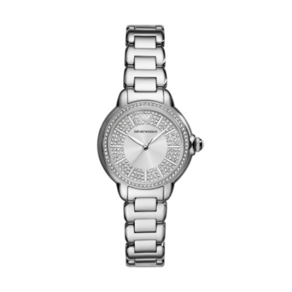 дамски часовник emporio armani ar11632 с кръгъл сребрист циферблат, инкрустиран с кристали, и стоманена верижка – изглед отпред – ClassicWatches.bg
