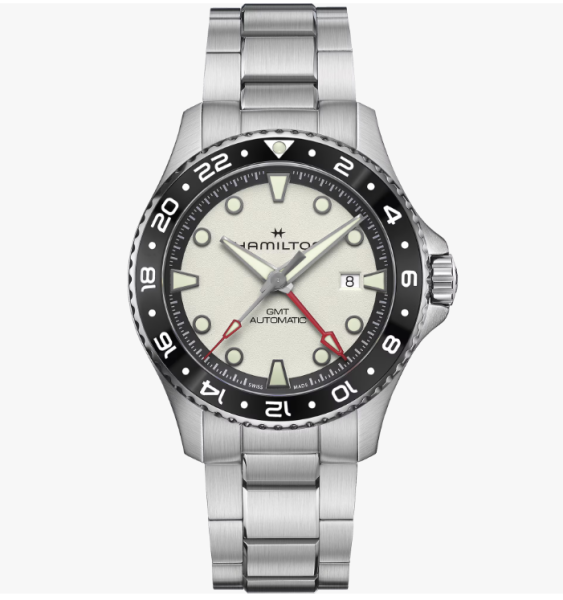 Hamilton Khaki Navy Scuba GMT H82555150 с метална верижка и сребрист циферблат