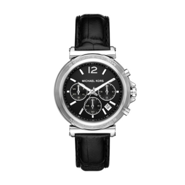 дамски часовник michael kors mk7499 – черен циферблат, сребрист корпус и черна кожена каишка – изглед отпред – ClassicWatches.bg