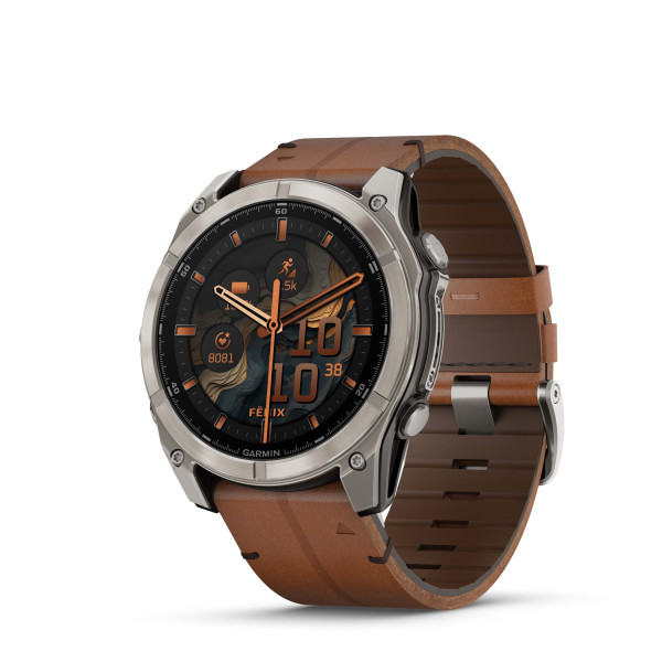 GARMIN FENIX 8 51MM AMOLED SAPPHIRE BARE TITANIUM BLACK С CHESTNUT КОЖЕНА КАИШКА