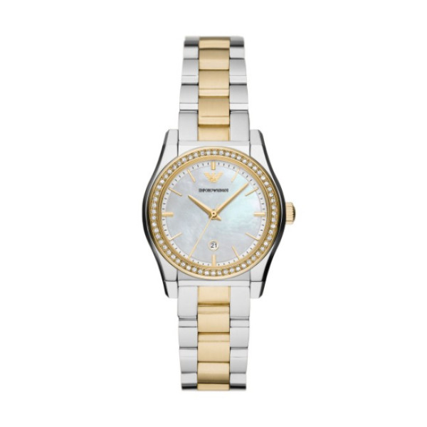 дамски часовник emporio armani ar11559 с перлен циферблат и двуцветна верижка – изглед отпред – ClassicWatches.bg