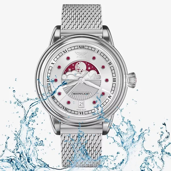 часовник aviator moonflight с рубини, сапфир кристал и стоманена миланска верижка classicwatches.bg