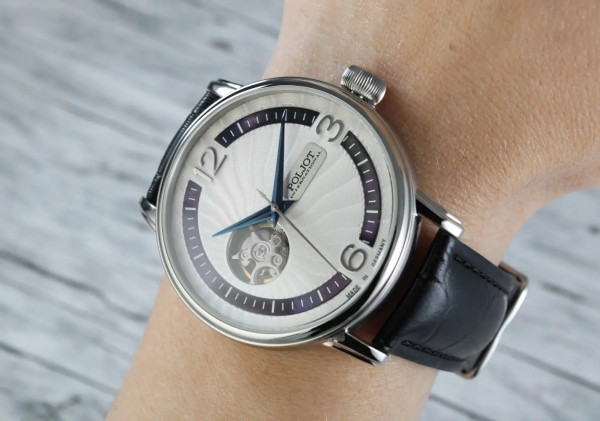 Часовник POLJOT INTERNATIONAL Jaros Open Heart 42mm 38NH.4280812 – черна кожена каишка с крокодилски релеф – classicwatches.bg